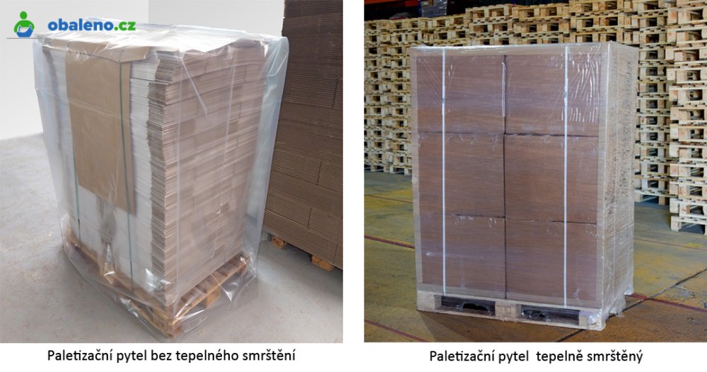 Srovnání paletizačního pytle bez smrštění a po smrštění