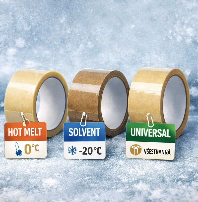 Srovnání typů lepicích pásek pro zimní období: Hot Melt, Solvent, Universal.