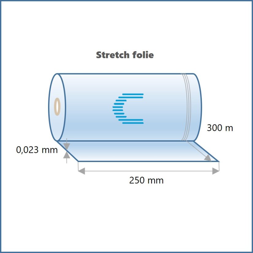 Ruční stretch fólie MODRÁ 25 cm - 300 m - 23 my / 250 mm