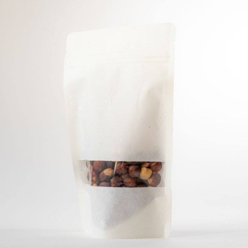 Vrecká Doypack, 250 ml, KRAFT/PET/CPP BIELE s okienkom, ZAOBLENÉ ROHY, 100 ks / bal