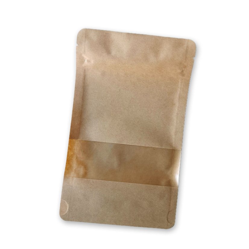 Vrecká Doypack, 3000 ml, KRAFT/PET/PE s okienkom, ZAOBLENÉ ROHY, 100 ks / bal