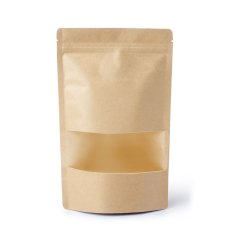 Vrecká Doypack, 250 ml, Kraft/PET/PE s okienkom, ZAOBLENÉ ROHY, 100 ks / bal