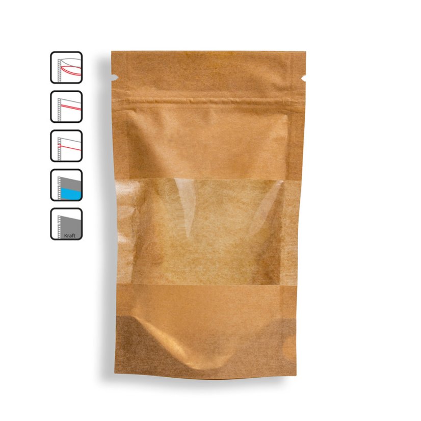 Sáčky Doypack, 250ml, Kraft/PET/PE s okénkem, 100 ks / bal