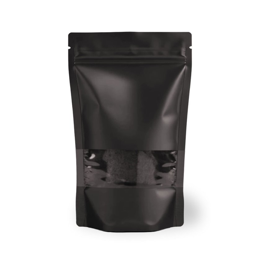 Vrecká Doypack, 1000 ml, KRAFT/PET/PE ČIERNE s okienkom, ZAOBLENÉ ROHY, 100 ks / bal